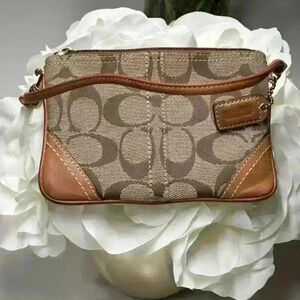 Coach Wristlet Signature Brown Jacquard with Saddle Brown Leather Trim